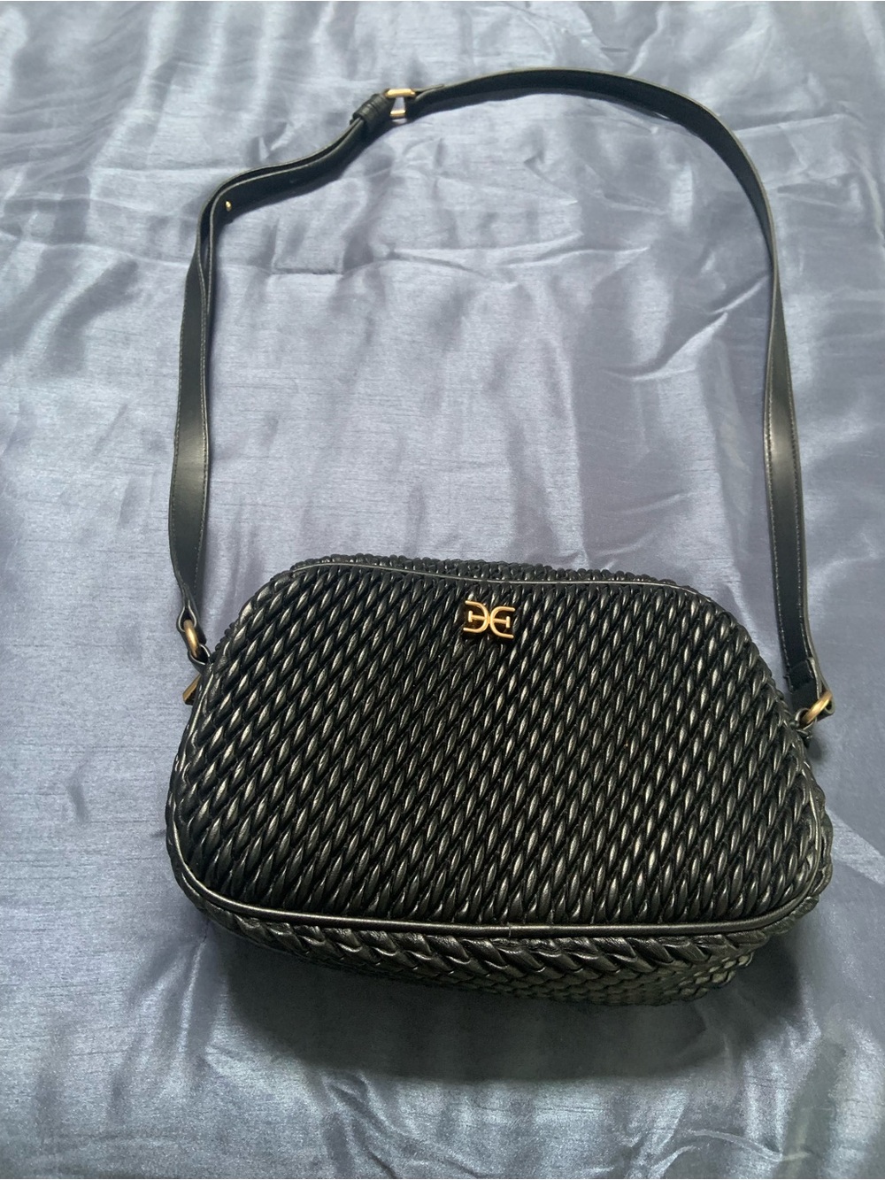 Sam Edelman black Woven Crossbody Bag with Gold Logo